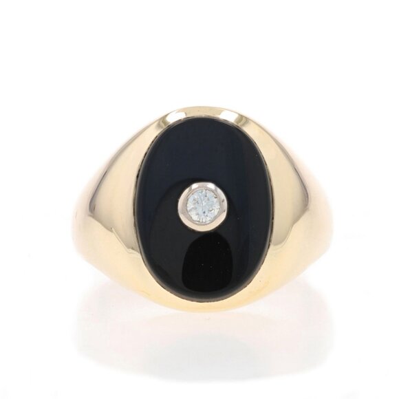Yellow Gold Diamond & Onyx Men's Ring - 14k Round Brilliant